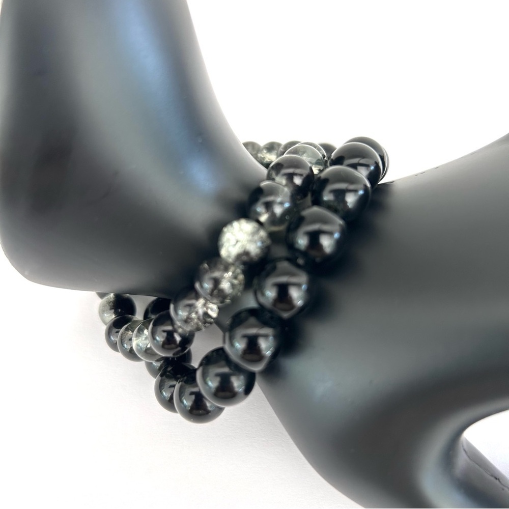 Black Grey Acrylic Layering Beaded Stretch Bracelets Lot of 2